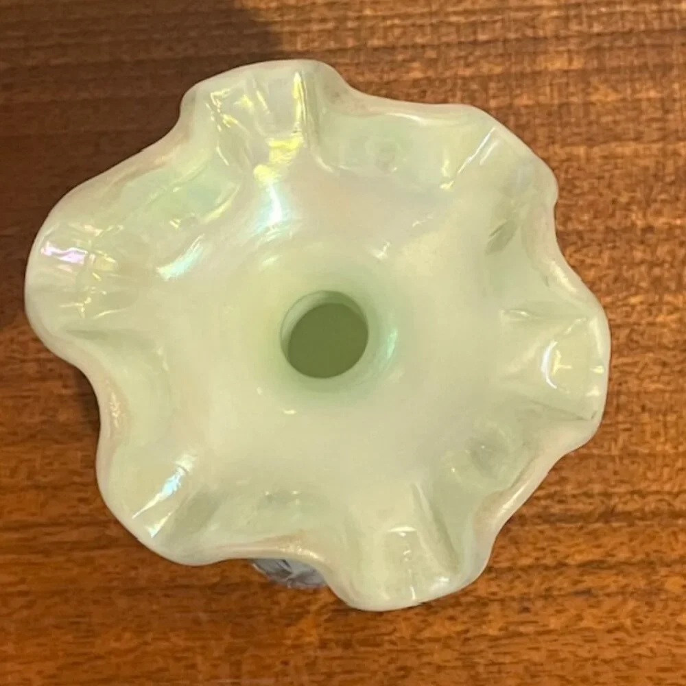 Fenton Iridized Sea Green Beaded Melon Pansies Vase Signed Frank & Tom Fenton